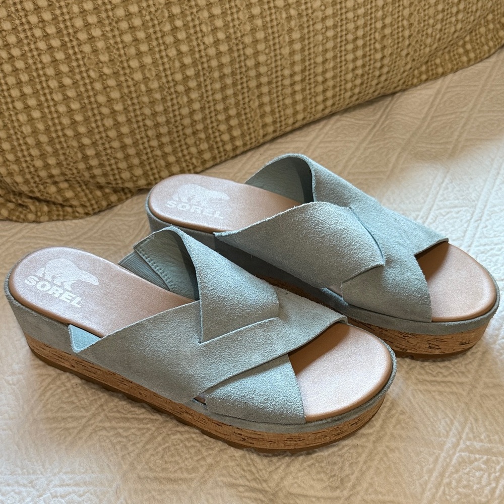 Sorel Women's Light Blueish Gray Suede Slide Sandals